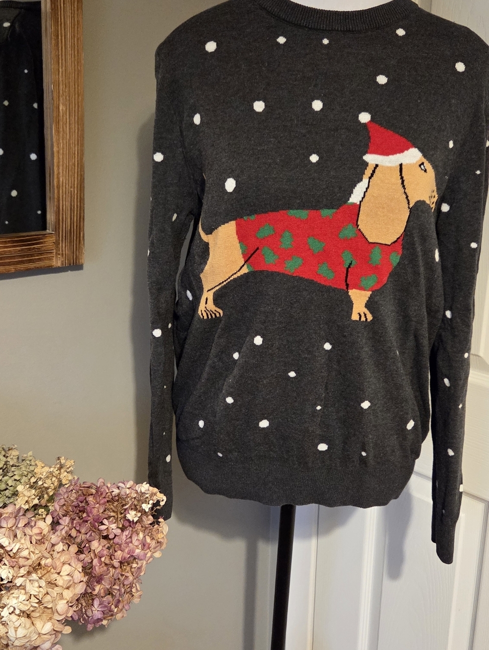Avenue Dark Gray Dachshund Holiday Crewneck Sweater with Red & Green Accents